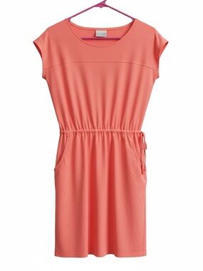 Casual Drawstring Coral Midi Dress with Pockets